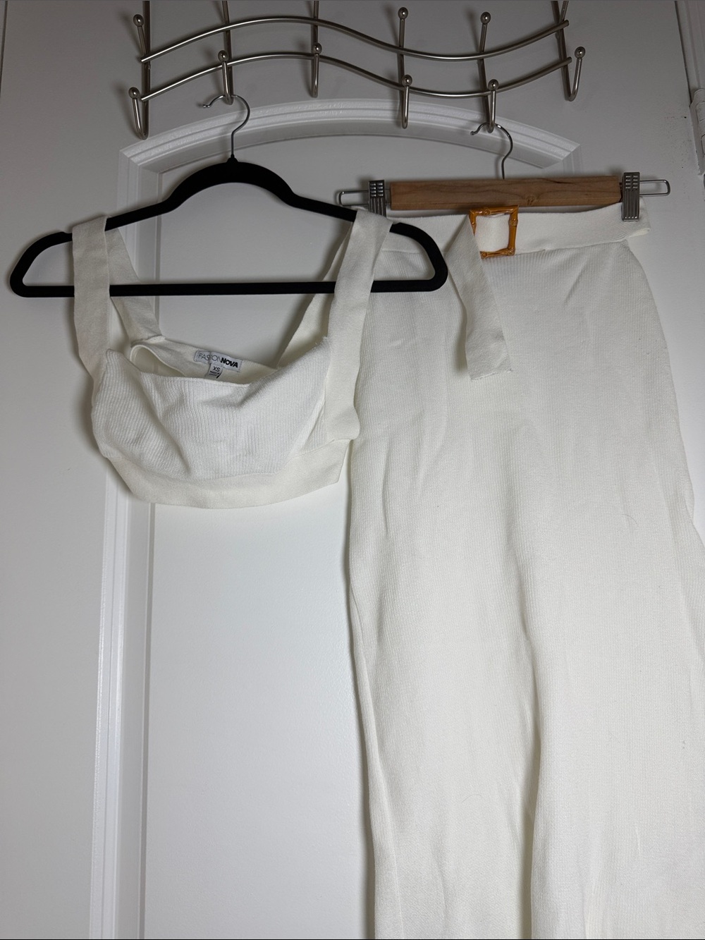 Fashion Nova White Two-Piece Knit Crop Top and Skirt Set